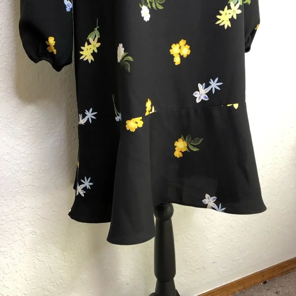 Ann Taylor Factory black yellow white floral long sleeve dress size Medium